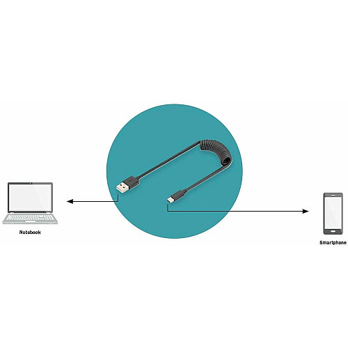 Кабель DIGITUS USB-C > USB-A зарядка/синхронизация, Type-C, спиральный, 1м, черный
