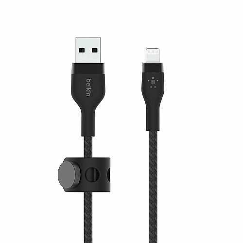 Кабель USB-A > Lightning подзарядка/синхронизация Belkin 1м, плетеный, силиконовый, с ремешком на магните, черный
