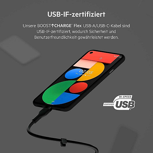 Кабель USB-A > USB-C зарядка/синхронизация Belkin 3м, 15Вт, Type-C, силиконовый с клипсой, черный