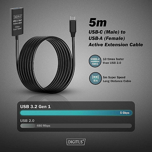 Удлинитель DIGITUS USB 3.2 Gen1 Active Cable 5G, C/M-A/F, 5м, черный