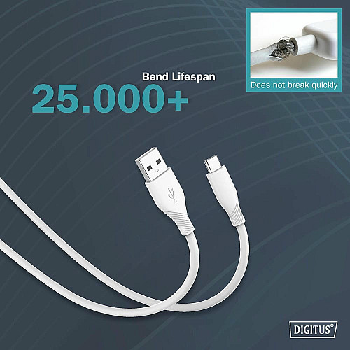 Кабель DIGITUS USB-A > USB-C зарядка/синхронизация, USB 2.0, 60W, силиконовый, 1м, белый