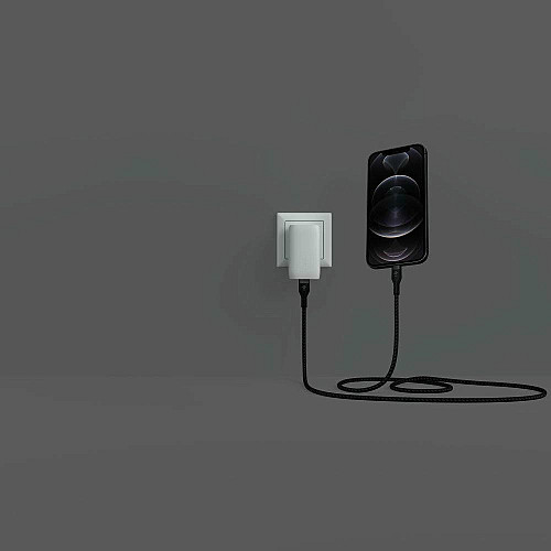 Кабель USB-C > Lightning зарядка/синхронизация Belkin 1м, Type-C, плетеный, силиконовый, с ремешком на магните, черный
