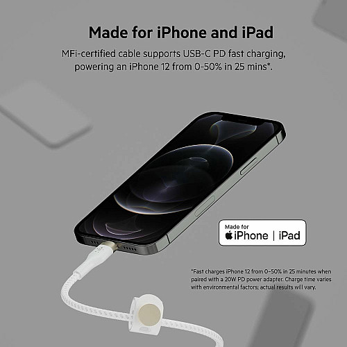 Кабель USB-C > Lightning подзарядка/синхронизация Belkin 1м, Type-C, плетеный, силиконовый, с ремешком на магните, белый