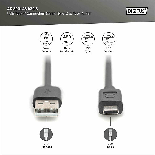 Кабель DIGITUS USB-A > USB-C заряджання/синхронізації, USB 2.0, M/M, 3м, чорний