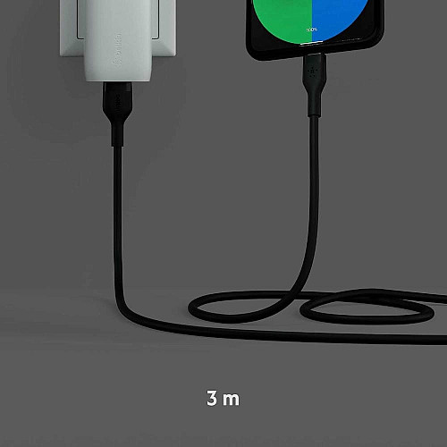 Кабель USB-A > USB-C зарядка/синхронизация Belkin 3м, 15Вт, Type-C, силиконовый с клипсой, черный