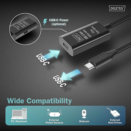 Подовжувач DIGITUS USB 3.2 Gen1 Active Cable 5G, C/M-C/F, 5м, чорний