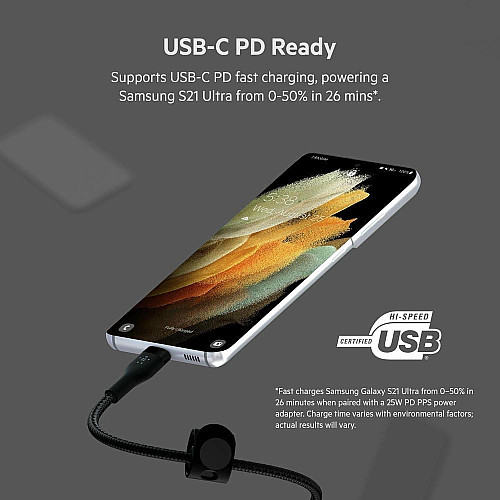 Кабель USB-C > USB-C зарядка/синхронизация Belkin 1м, 60Вт, Type-C, плетеный, силиконовый, с ремешком на магните, черный