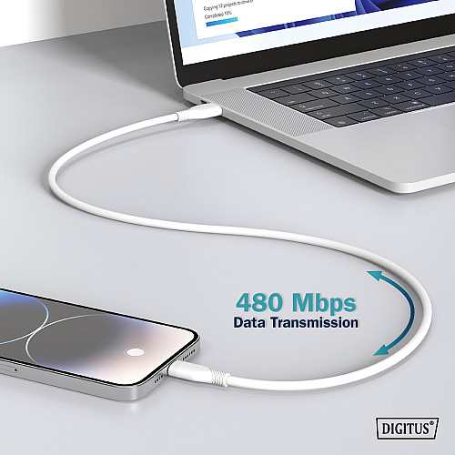 Кабель DIGITUS USB-A > USB-C зарядка/синхронизация, USB 2.0, 60W, силиконовый, 2м, белый