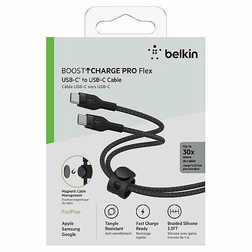 Кабель USB-C > USB-C зарядка/синхронизация Belkin 1м, 60Вт, Type-C, плетеный, силиконовый, с ремешком на магните, черный
