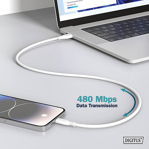 Кабель DIGITUS USB-C > USB-C зарядка/синхронизация, USB 2.0, 60W, силиконовый, 2м, белый