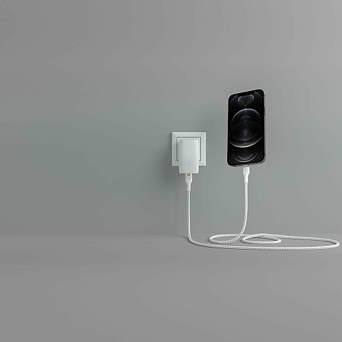 Кабель USB-C > Lightning подзарядка/синхронизация Belkin 1м, Type-C, плетеный, силиконовый, с ремешком на магните, белый