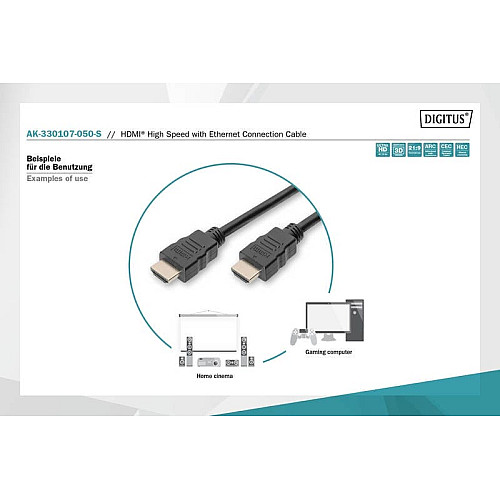 Кабель DIGITUS HDMI (M/M), High speed/Ethernet, 5м, чорний