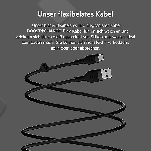 Кабель USB-A > USB-C зарядка/синхронизация Belkin 3м, 15Вт, Type-C, силиконовый с клипсой, черный