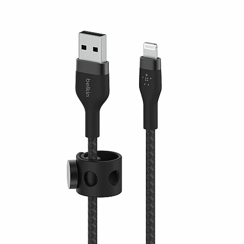 Кабель USB-A > Lightning подзарядка/синхронизация Belkin 1м, плетеный, силиконовый, с ремешком на магните, черный