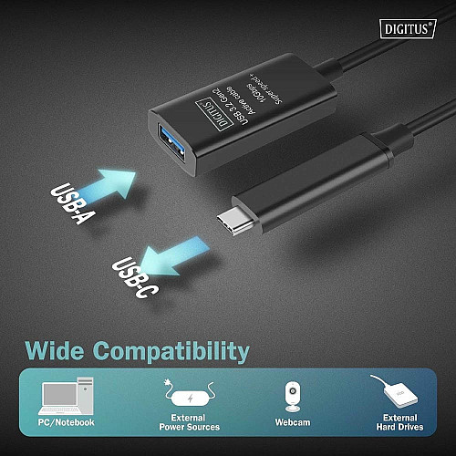 Подовжувач DIGITUS USB 3.2 Gen2 Active Cable 10G, C/M-A/F, 5м, чорний