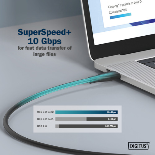 Кабель DIGITUS USB-C заряджання/синхронізації, USB 3.2 Gen 2, 10G, 100W, 4K, силіконовий, 1м, чорний