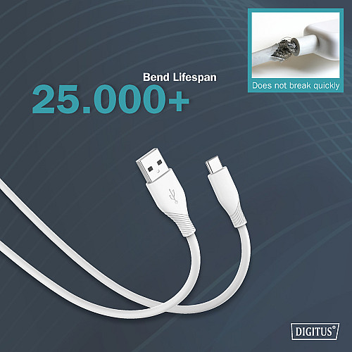 Кабель DIGITUS USB-A > USB-C зарядка/синхронизация, USB 2.0, 60W, силиконовый, 2м, белый