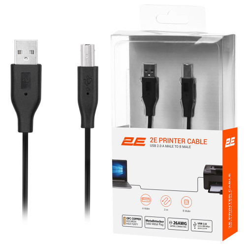 Кабель 2E USB-A > USB-B (AM/BM) синхронізації 3м, чорний