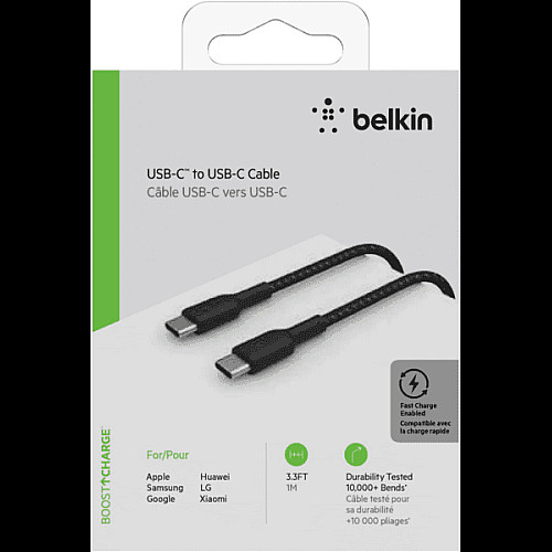 Кабель USB-C > USB-C зарядка/синхронизация Belkin 1м, 60Вт, Type-C, плетеный, черный