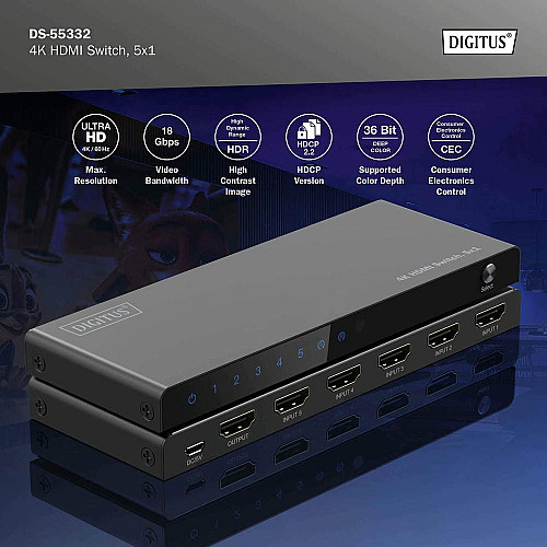 Видеокоммутатор DIGITUS UHD HDMI (INx5 – OUTx1), 4K