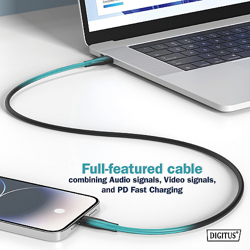 Кабель DIGITUS USB-C заряджання/синхронізації, USB 4.0 Gen 2, 20G, 240W, 8K, силіконовий, 2м, чорний