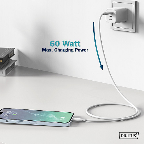 Кабель DIGITUS USB-A > USB-C зарядка/синхронизация, USB 2.0, 60W, силиконовый, 2м, белый