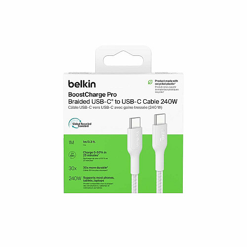 Кабель USB-C > USB-C зарядка/синхронизация Belkin 1м, 240Вт, Type-C, плетеный, белый