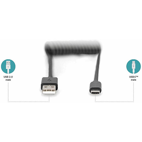 Кабель DIGITUS USB-C > USB-A зарядка/синхронизация, Type-C, спиральный, 1м, черный