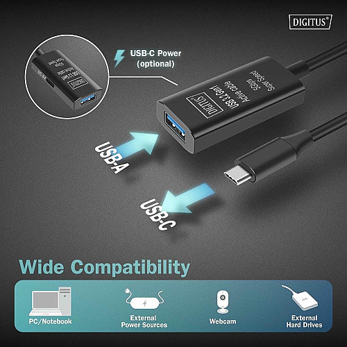 Удлинитель DIGITUS USB 3.2 Gen1 Active Cable 5G, C/M-A/F, 10м, черный