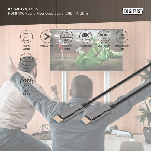 Кабель DIGITUS HDMI UHD 4K, AOC hybrid-fiber, type A M/M, 15м, чорний