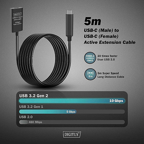 Подовжувач DIGITUS USB 3.2 Gen2 Active Cable 10G, C/M-C/F, 5м, чорний