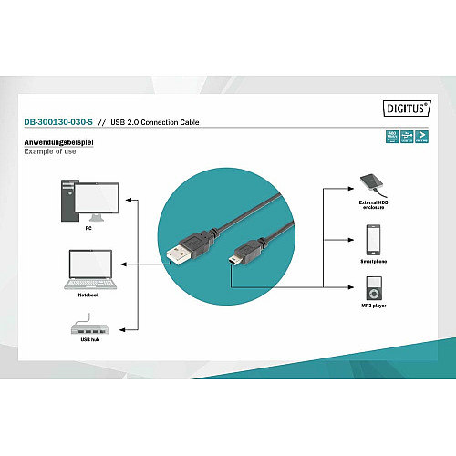Кабель DIGITUS USB-A > USB-mini B синхронізації, 3.0 m, чорний