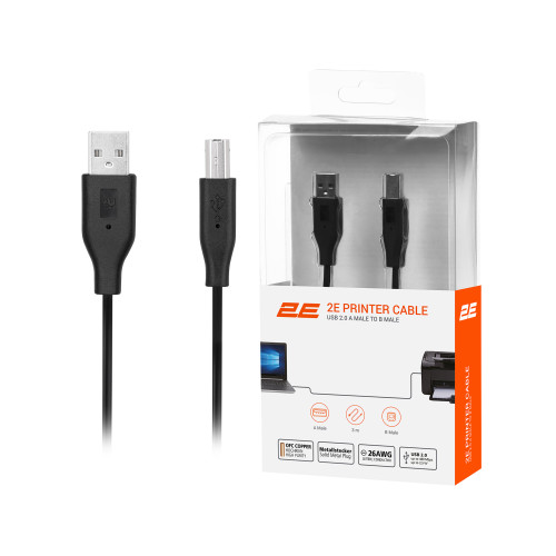 Кабель 2E USB-A > USB-B (AM/BM) синхронізації 3м, чорний