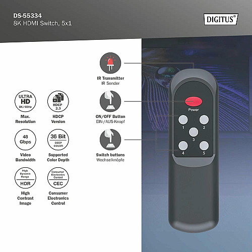 Видеокоммутатор DIGITUS UHD HDMI (INx5 – OUTx1), 8K