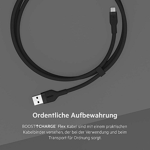 Кабель USB-A > USB-C зарядка/синхронизация Belkin 3м, 15Вт, Type-C, силиконовый с клипсой, черный