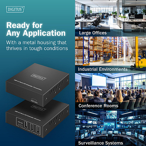 Подовжувач DIGITUS USB 3.2 Gen1, для використання з кабелем Cat6A, до 100 м, 3 х USB-A, 1 x USB-C, чорний
