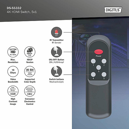 Видеокоммутатор DIGITUS UHD HDMI (INx5 – OUTx1), 4K