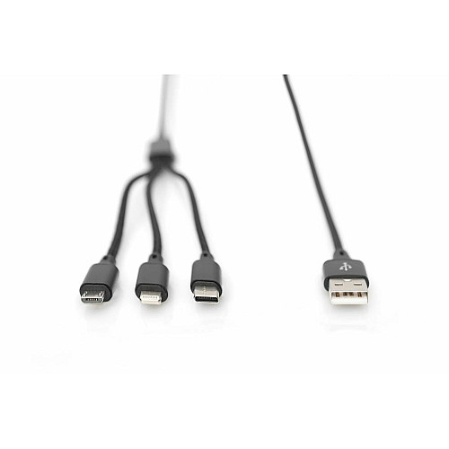 Кабель DIGITUS USB-A > Lightning/USB-С/micro USB, мультизарядный 3-в-1, зарядка/синхронизация 1м, черный