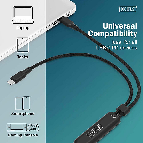 Кабель DIGITUS USB-C > 2xUSB-C зарядка/синхронизация, USB 2.0, 140W, 1.8м, черный
