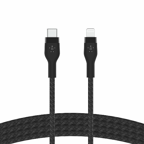 Кабель USB-C > Lightning зарядка/синхронизация Belkin 1м, Type-C, плетеный, силиконовый, с ремешком на магните, черный