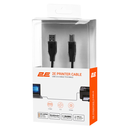 Кабель 2E USB-A > USB-B (AM/BM) синхронізації 3м, чорний
