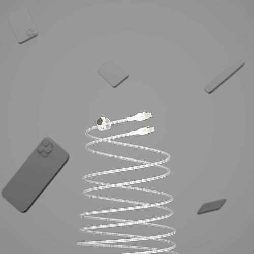 Кабель USB-C > Lightning подзарядка/синхронизация Belkin 1м, Type-C, плетеный, силиконовый, с ремешком на магните, белый