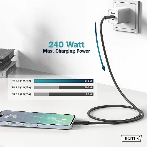Кабель DIGITUS USB-C зарядка/синхронизации, USB 4.0 Gen 3, 40G, 240W, 8K, силиконовый, 1м, черный