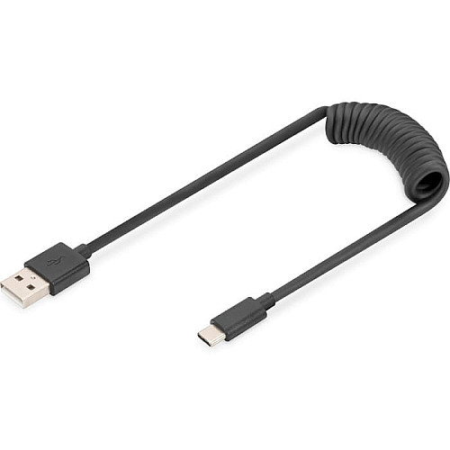 Кабель DIGITUS USB-C > USB-A зарядка/синхронизация, Type-C, спиральный, 1м, черный