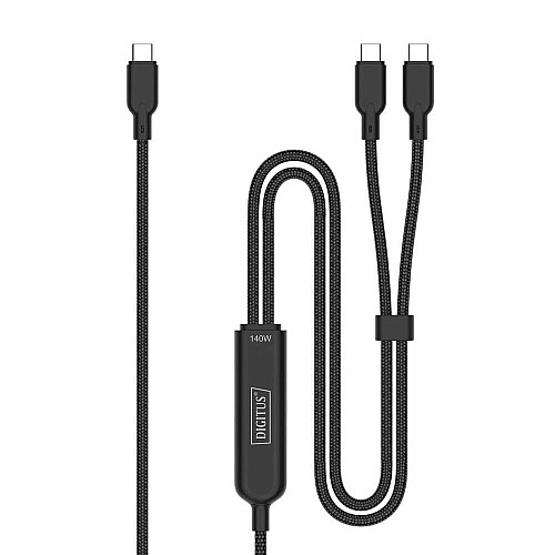 Кабель DIGITUS USB-C > 2xUSB-C зарядка/синхронизация, USB 2.0, 140W, 1.8м, черный