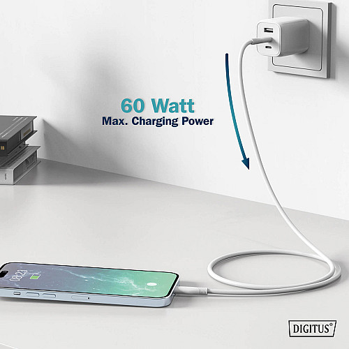 Кабель DIGITUS USB-C > USB-C зарядка/синхронизация, USB 2.0, 60W, силиконовый, 2м, белый