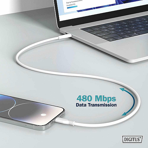 Кабель DIGITUS USB-C > Lightning зарядка/синхронизация, USB 2.0, 60W, силиконовый, 2м, белый
