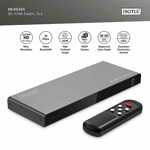 Видеокоммутатор DIGITUS UHD HDMI (INx5 – OUTx1), 8K