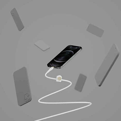 Кабель USB-C > Lightning подзарядка/синхронизация Belkin 1м, Type-C, плетеный, силиконовый, с ремешком на магните, белый