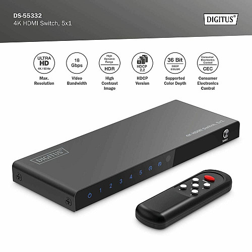 Видеокоммутатор DIGITUS UHD HDMI (INx5 – OUTx1), 4K